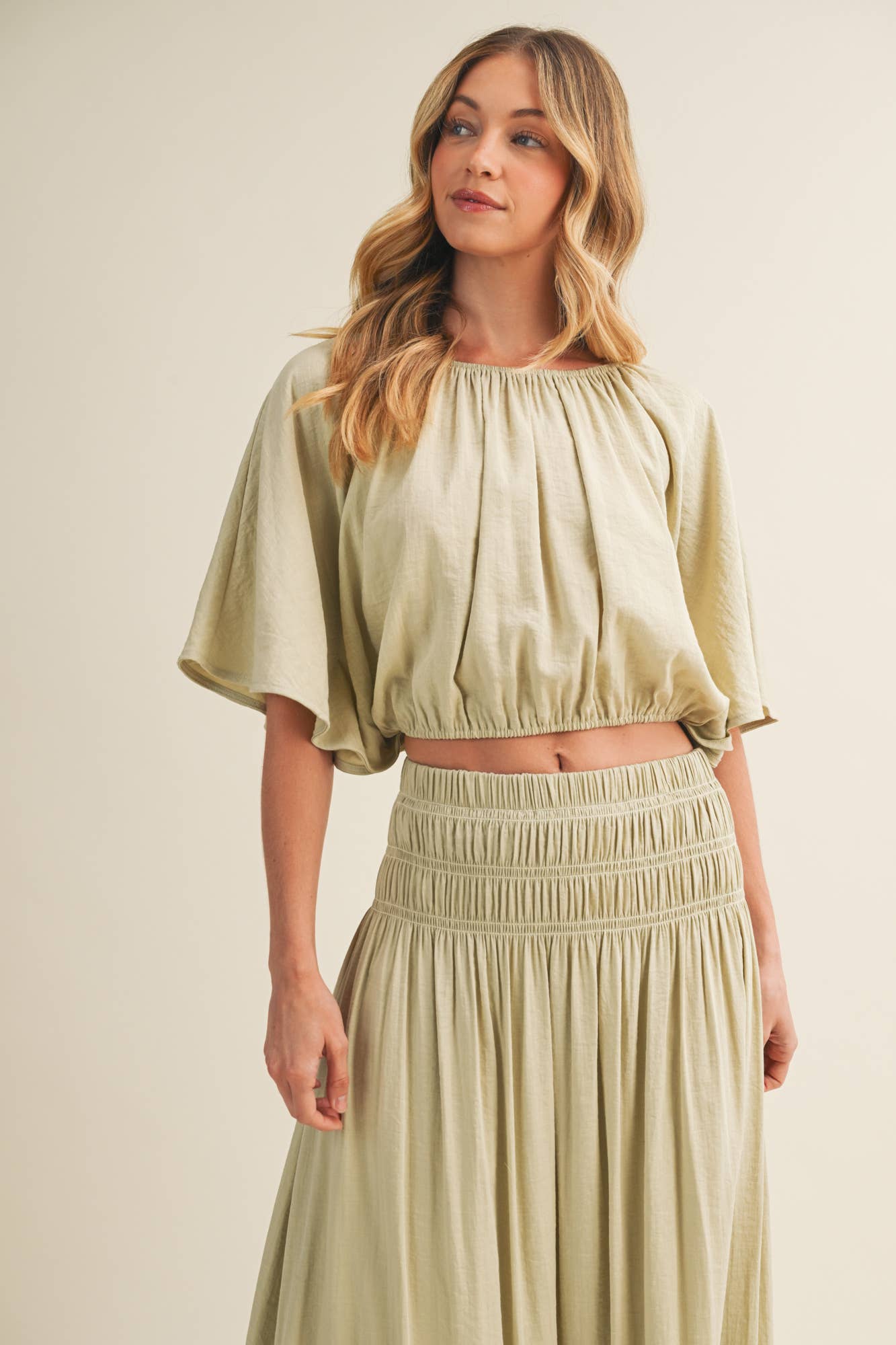 Shirred Waistband Voluminous Sleeve Blouse