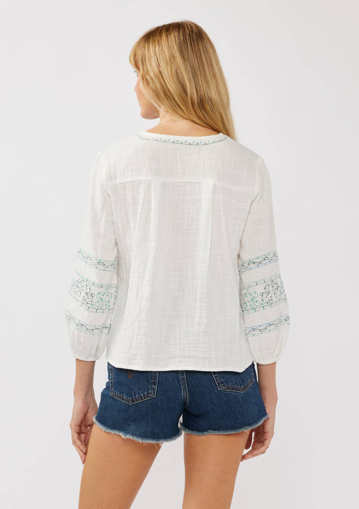 3/4 Embroidered Sleeve Tie Front Top