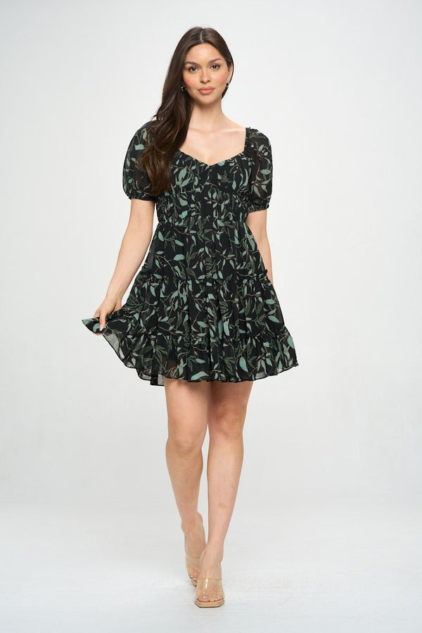 Leaf Print Ruffle Mini Dress (PRE-ORDER ONLY)