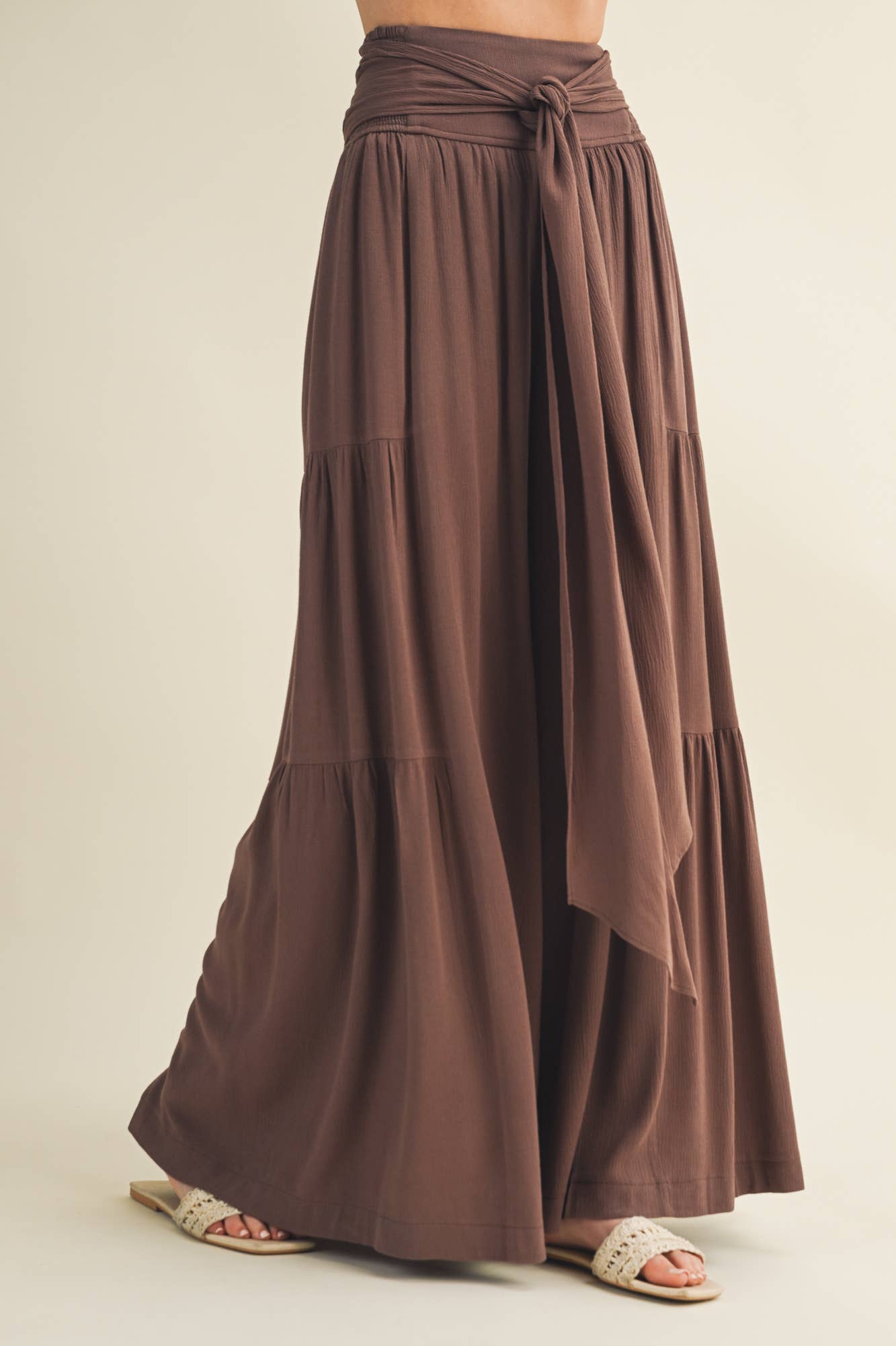 Smocked Tie-Waist Tiered Palazzo Pant