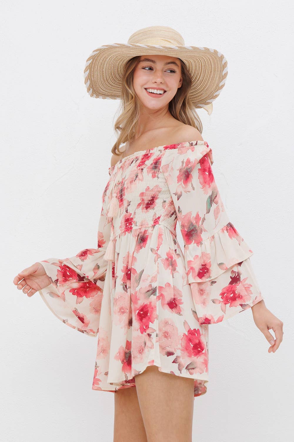 Floral Off Shoulder Smocked Tiered Romper