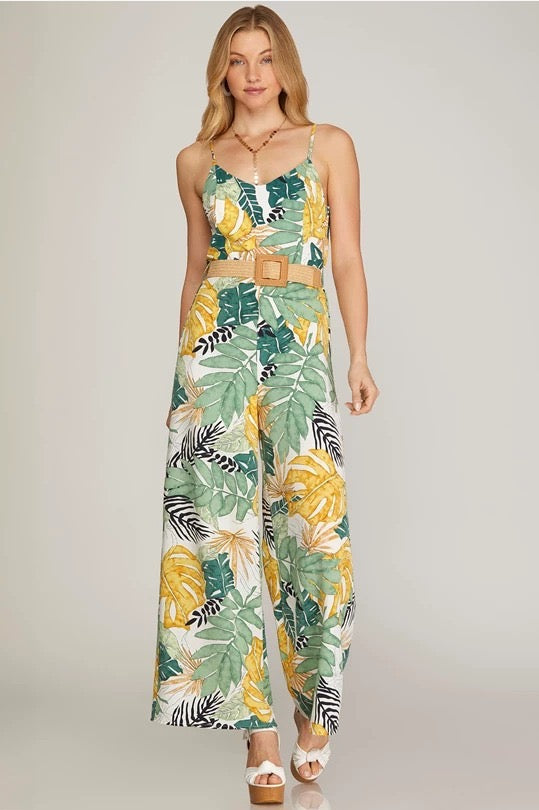 Tropical Print Jumpsuit w/Belt (2 colors)