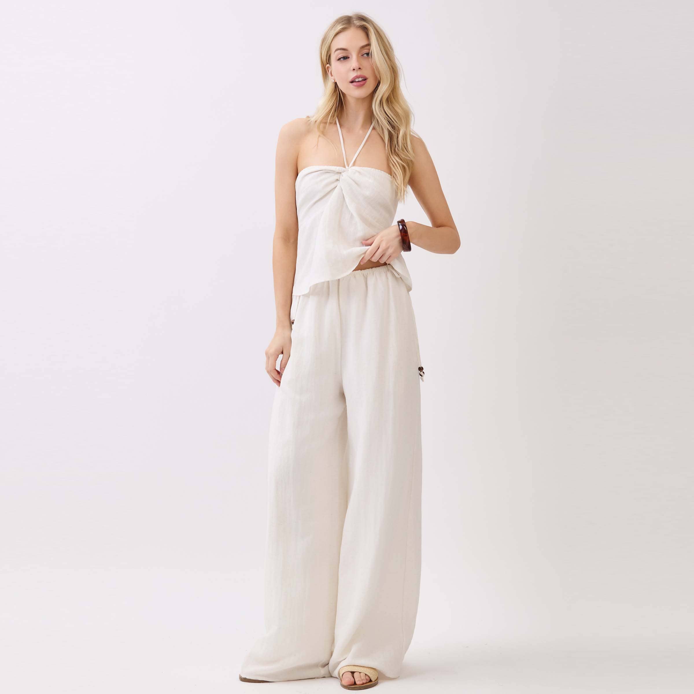Beaded Side Tie Wide Leg Pants