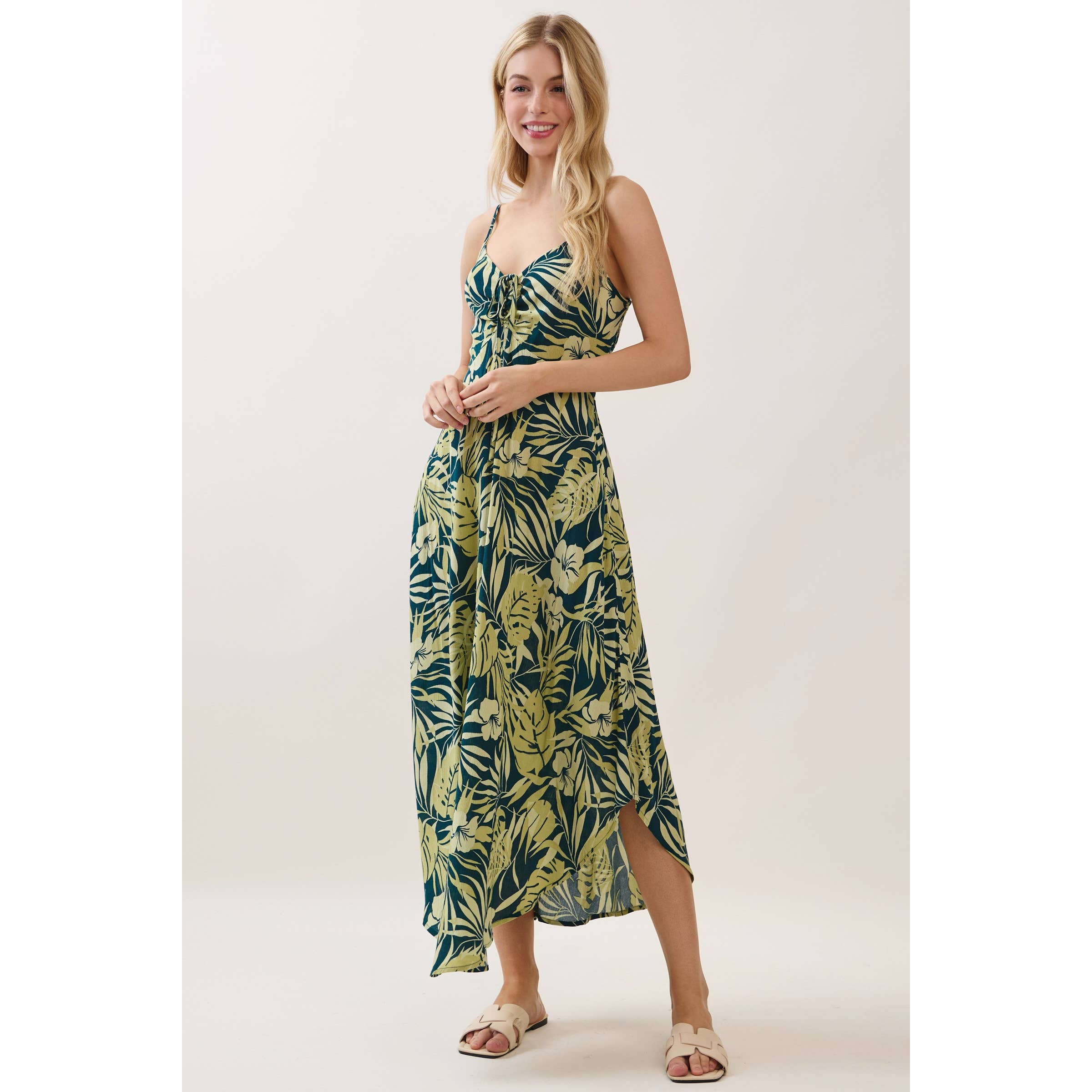 Tropical Ruche Bodice Midi Dress