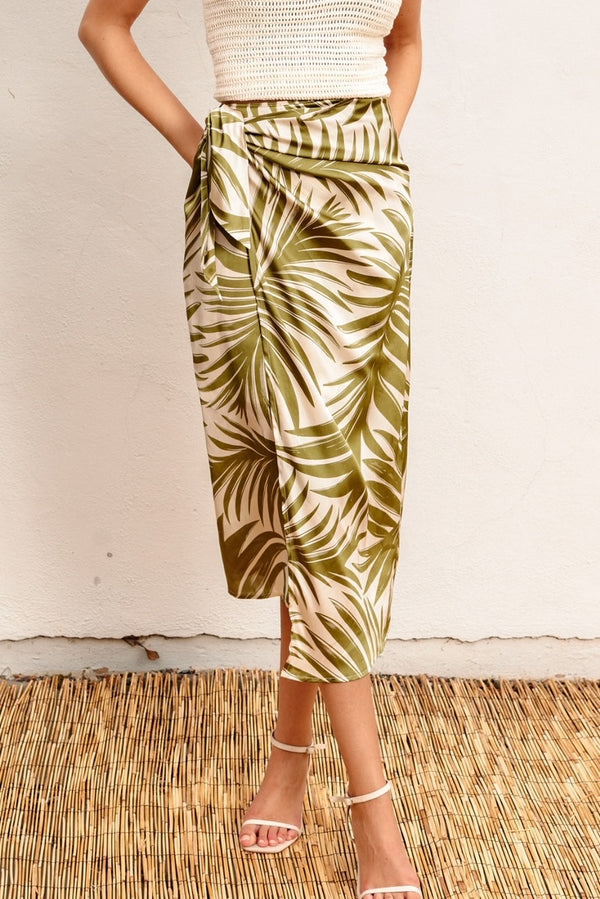 Tropical Leaf Side Tie Midi Skirt (PRE-ORDER ONLY)