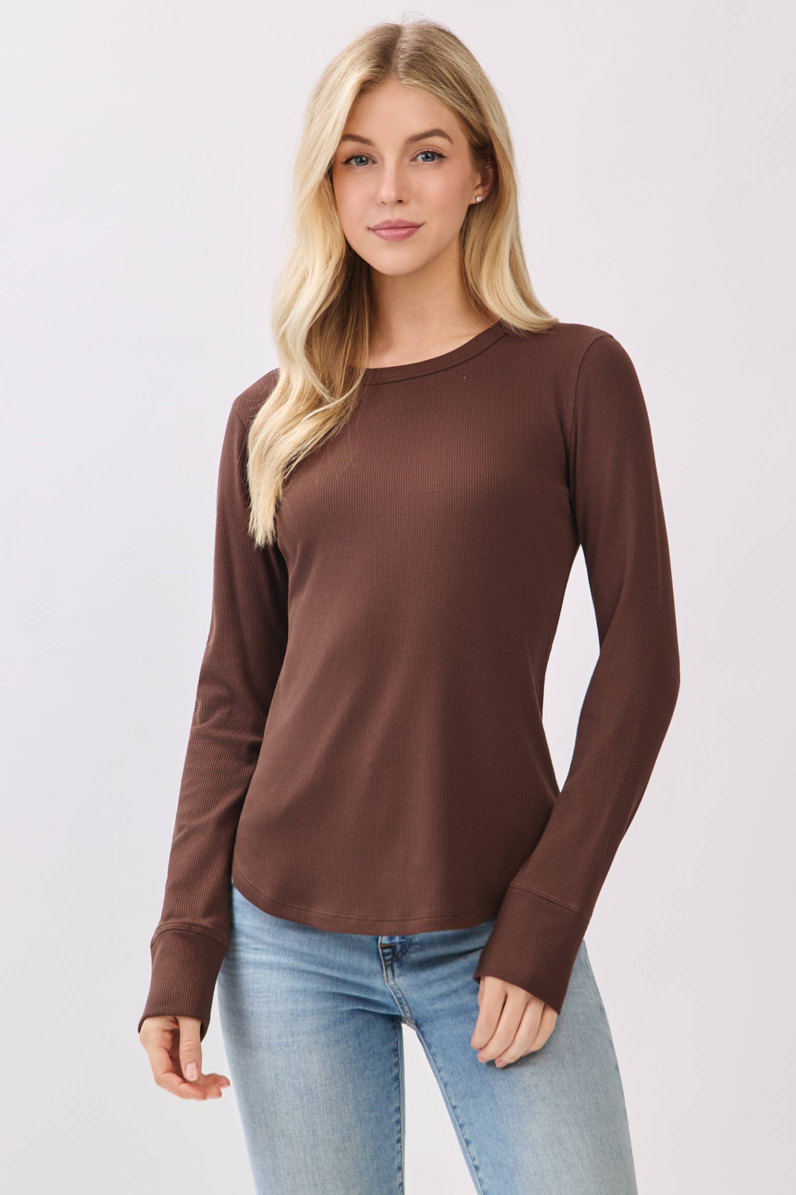 Ribbed Crew Neck Long Sleeve Fitted Top