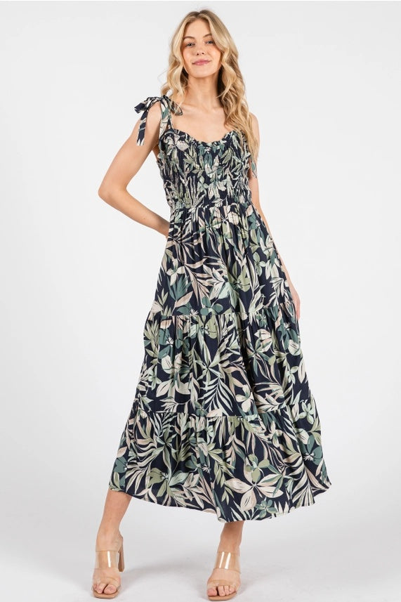 Smocked Tie Strap Midi Dress