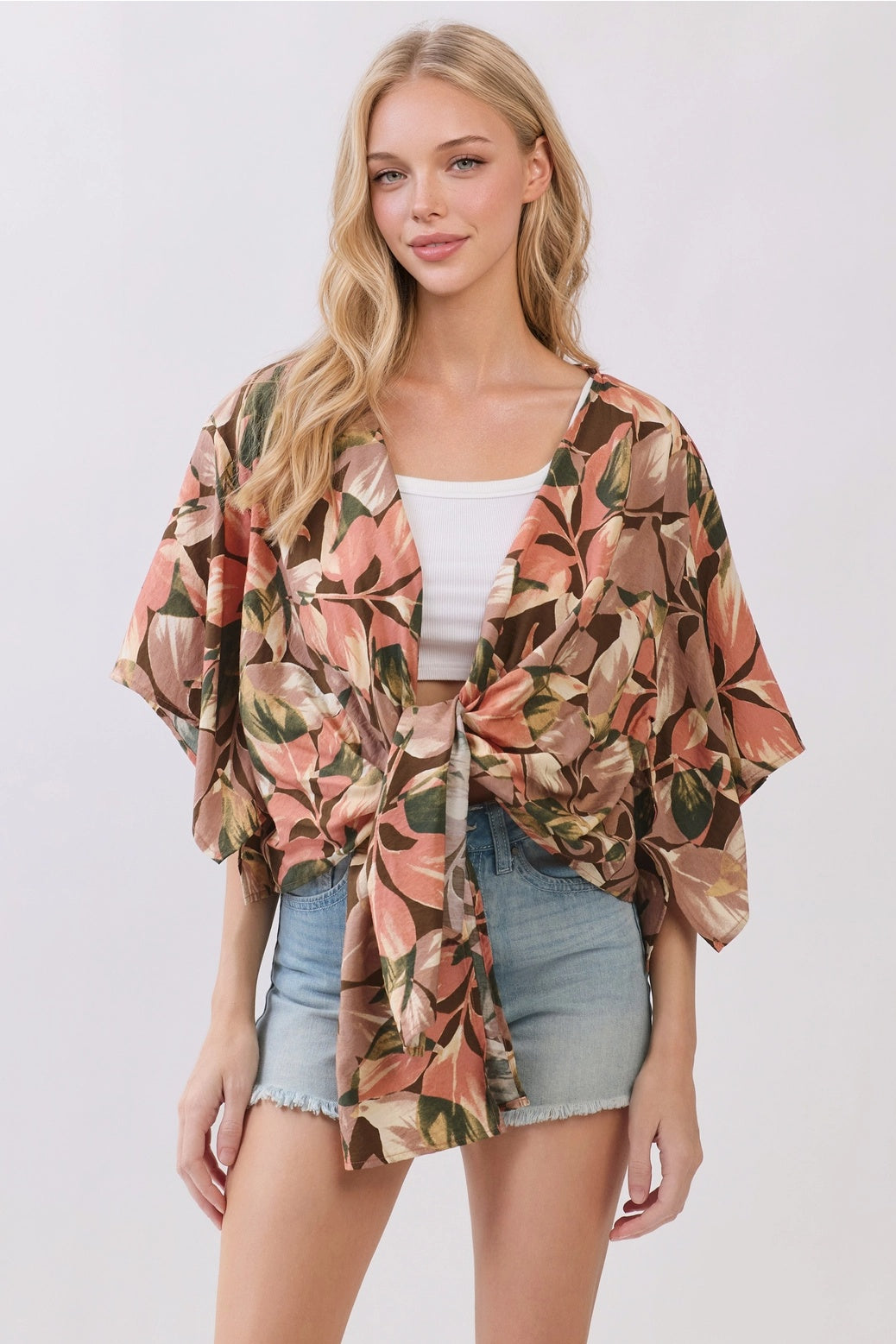 3/4 Sleeve Leaf Print Tie Front Cardigan