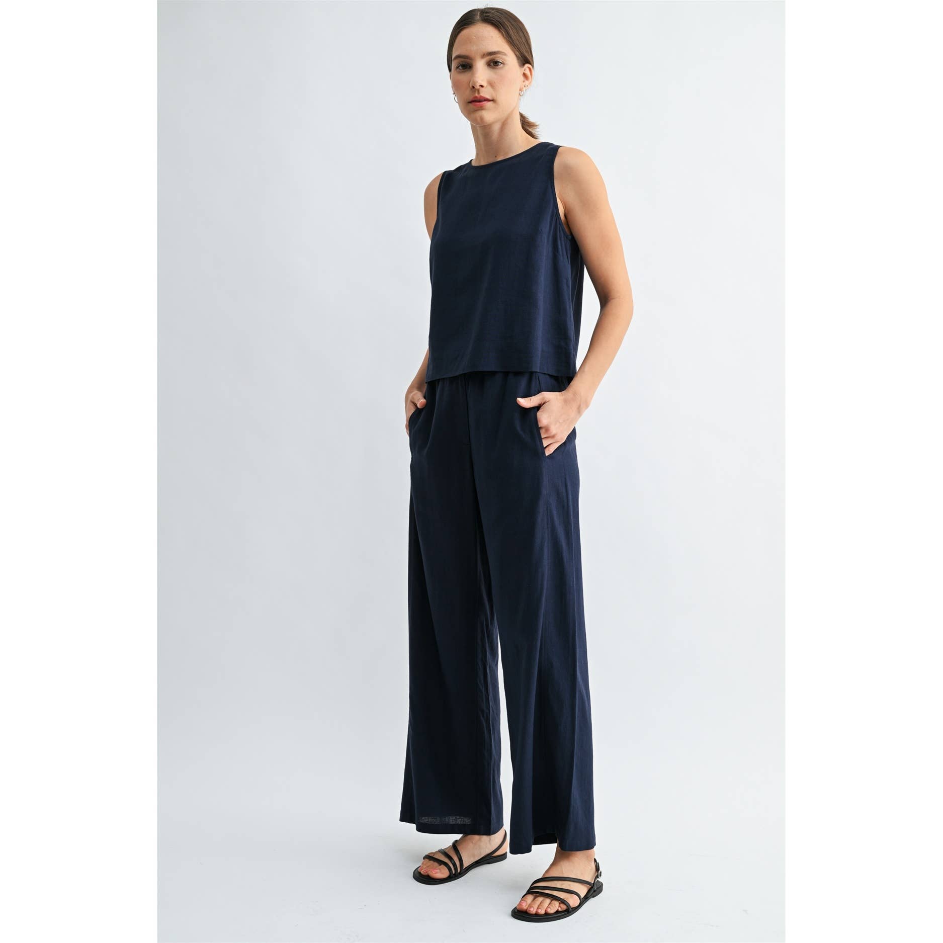 LINEN BLEND ELASTIC WAIST BUTTON FRONT PANTS