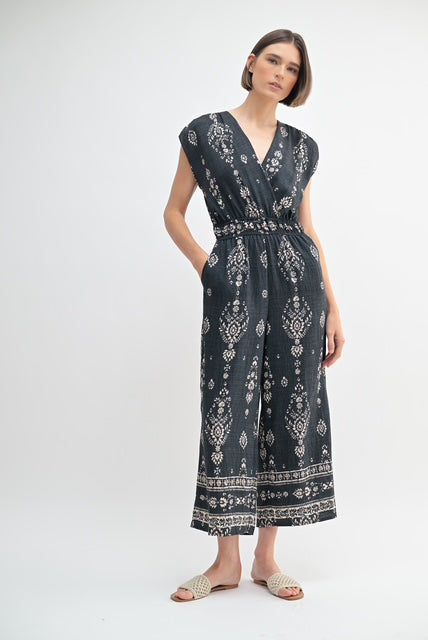 Border Print V-Neck Jumpsuit