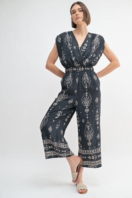 Border Print V-Neck Jumpsuit