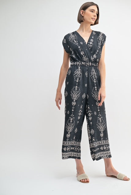 Border Print V-Neck Jumpsuit
